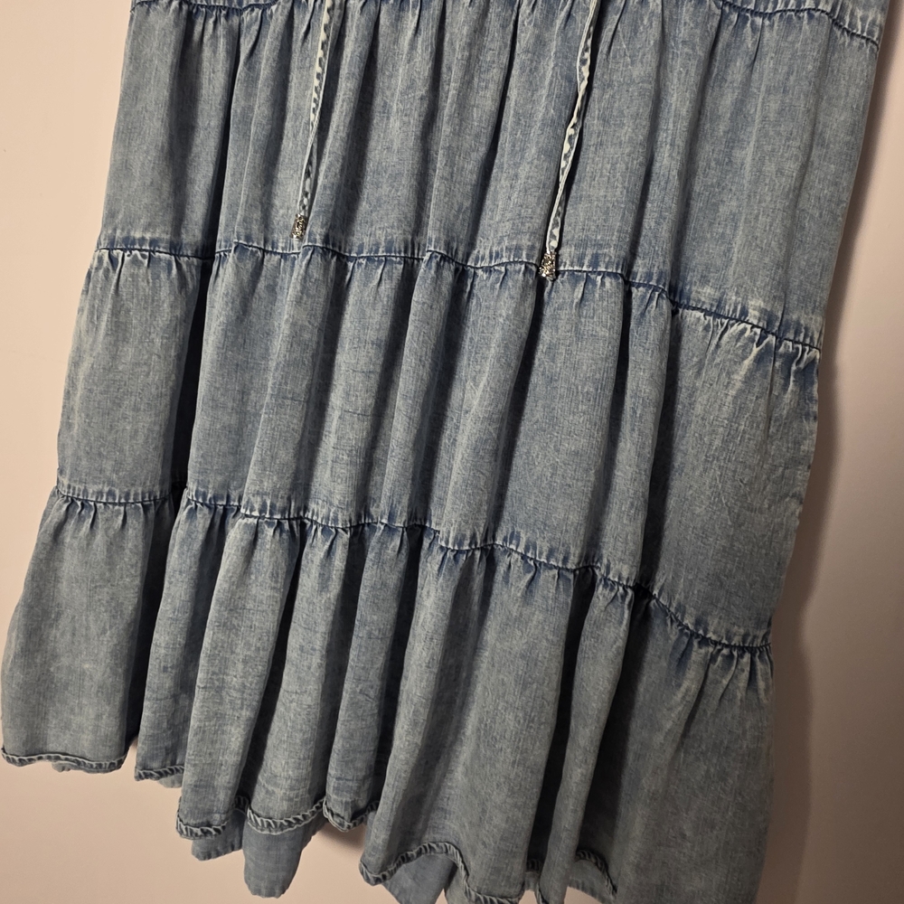 Chambray Tiered Midi Dress Boho Prairie Loose Fit Pockets Blue Size M - Picture 5 of 8